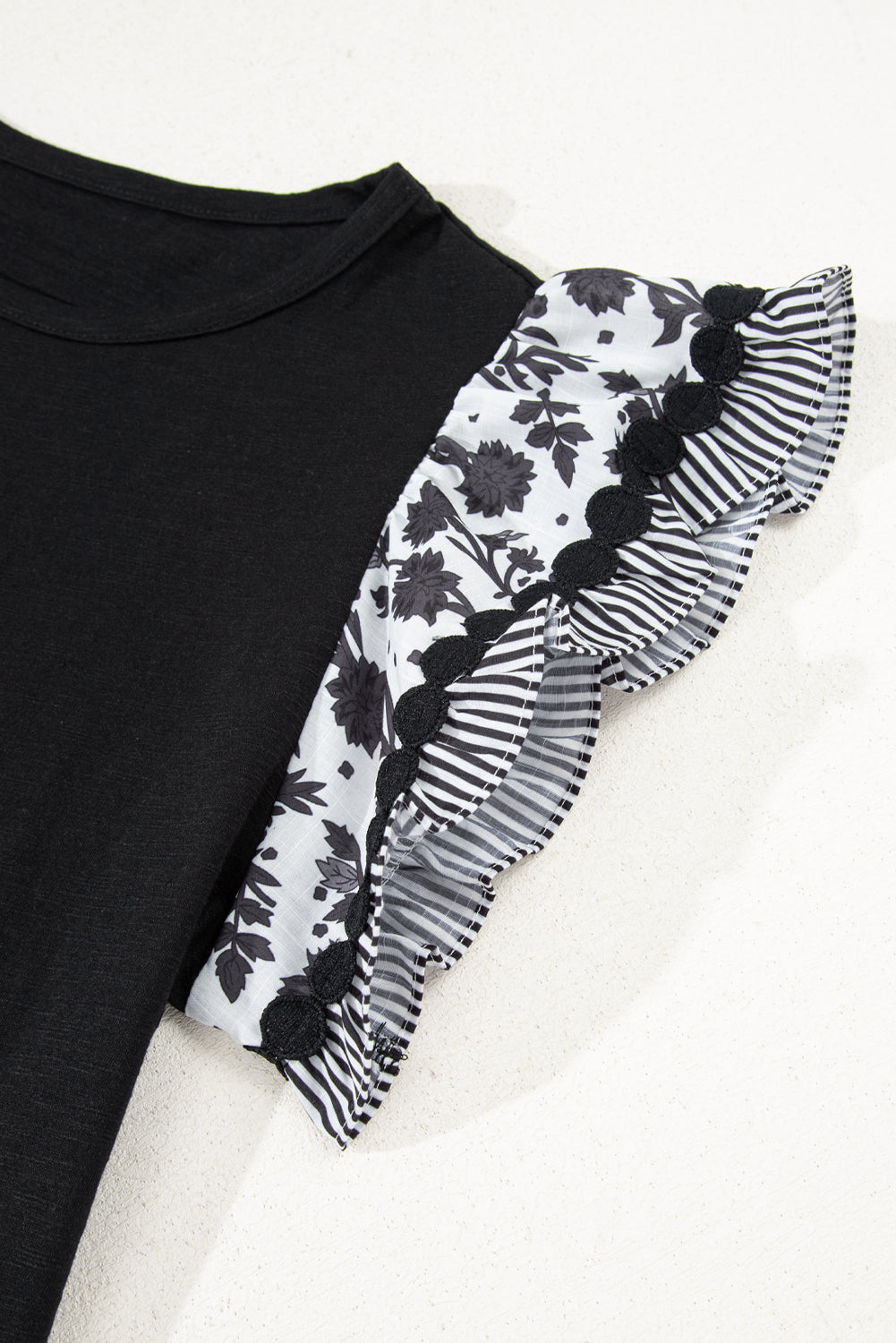 Ricrac Trim Printed Flutter Sleeve Contrast Patchwork Blouse