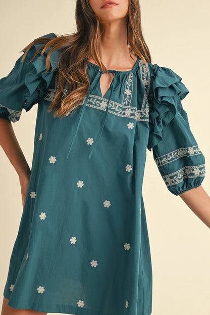 Boho Floral Ruffle Puff Sleeve Lace-up V Neck Mini Dress