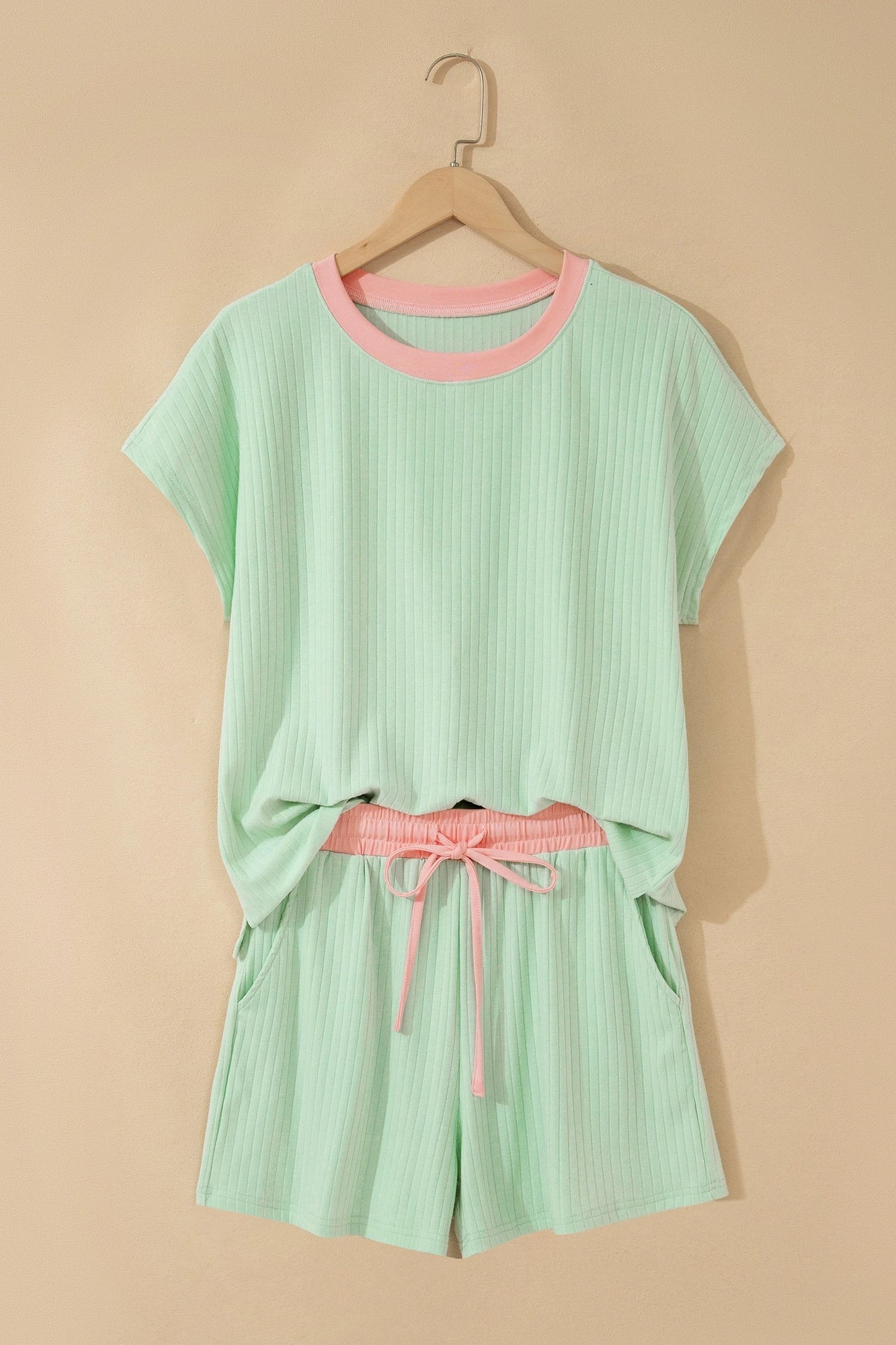 Cream Soft Ribbed Color Block Trim Casual Short Set