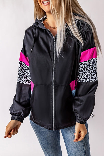 Leopard Color Block Pockets Zip-up Hooded Jacket