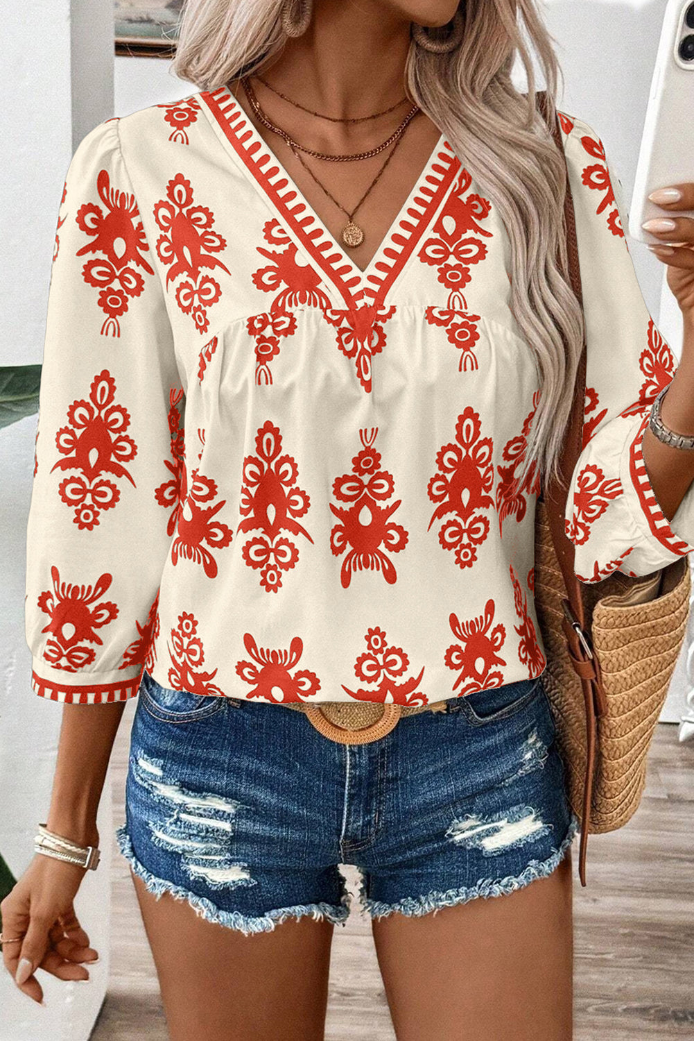 Vintage Geometric 3/4 Sleeve Blouse