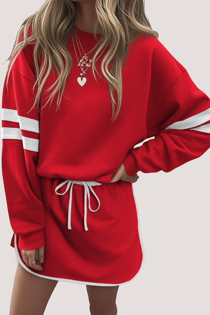 Varsity Stripe Detail Drop Shoulder Pullover Mini Skirt Set