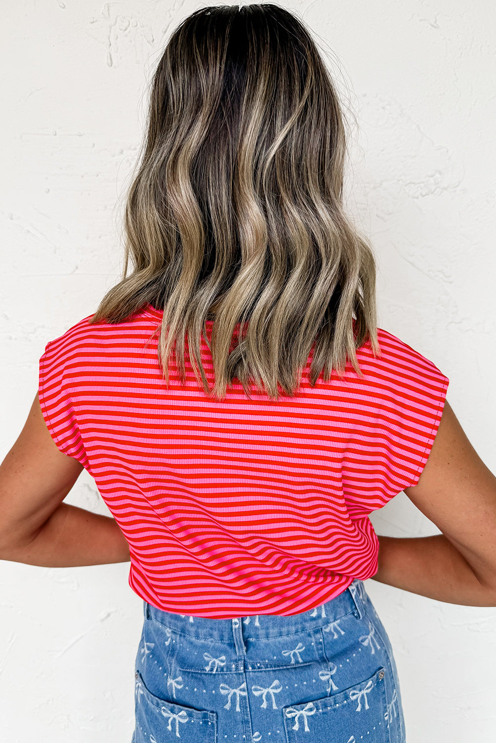 Ribbed Cap Sleeve Round Neck T Shirt