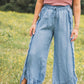 Light Wash Raw Hem Ruffled Wide Leg Jeans