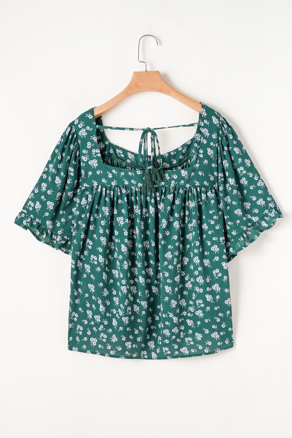 Floral Print Square Neck Ruffled Trim Plus Size Blouse