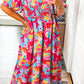 Abstract Printed Puff Sleeve Square Neck Smocked Bust Tied Back Plus Size Dress