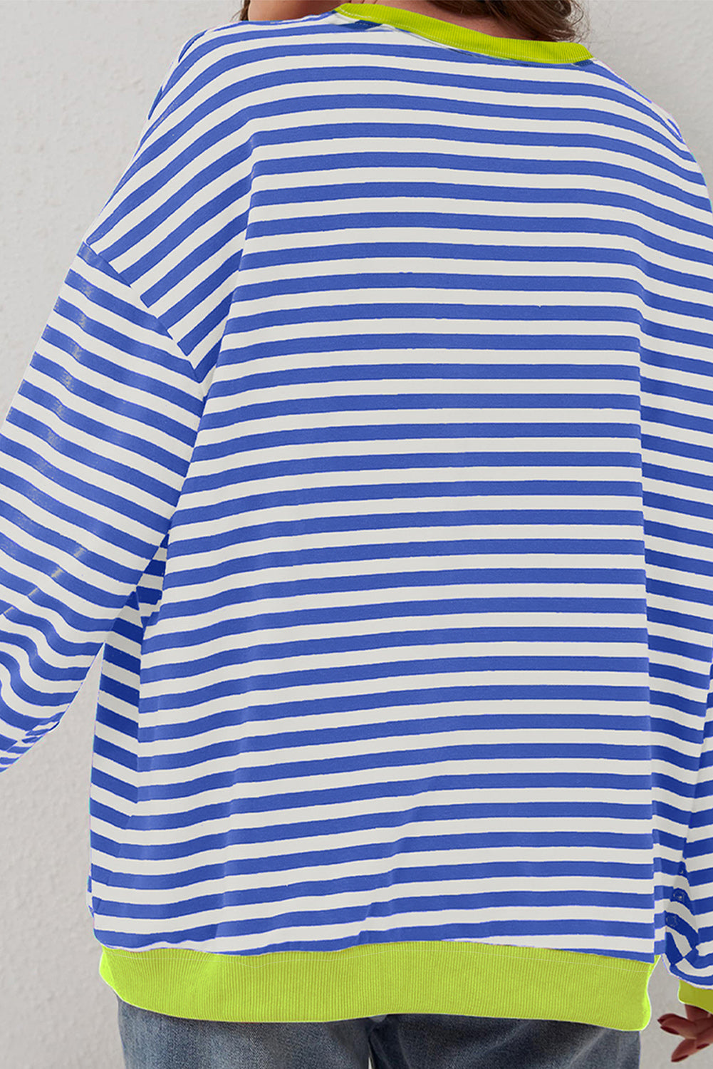 Striped Contrast Ribbed Trim Crossed Stitch Drop Shoulder Sweatshirt