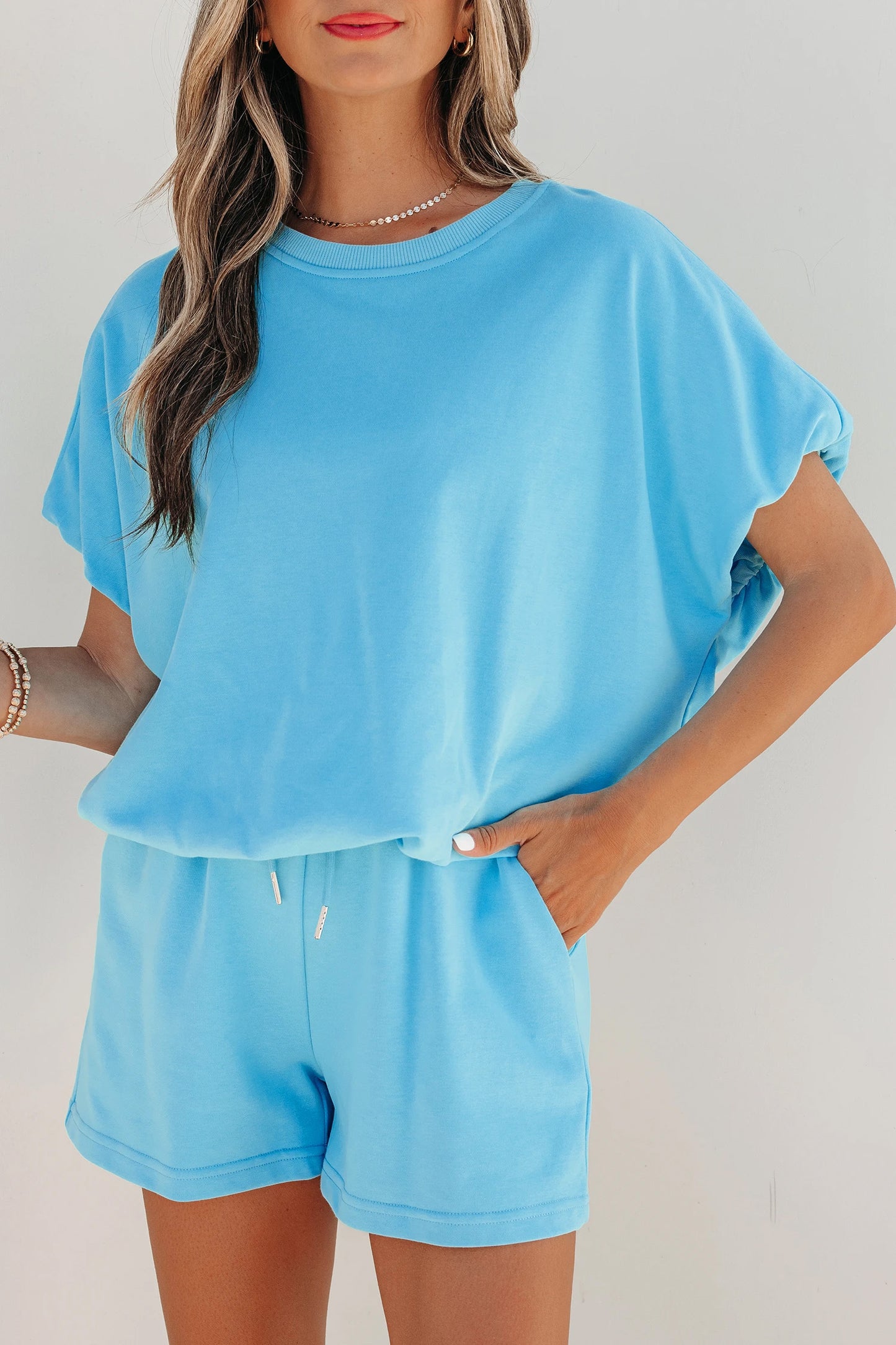 Solid Color Puffy Loose Top Drawstring Shorts 2pcs Outfit