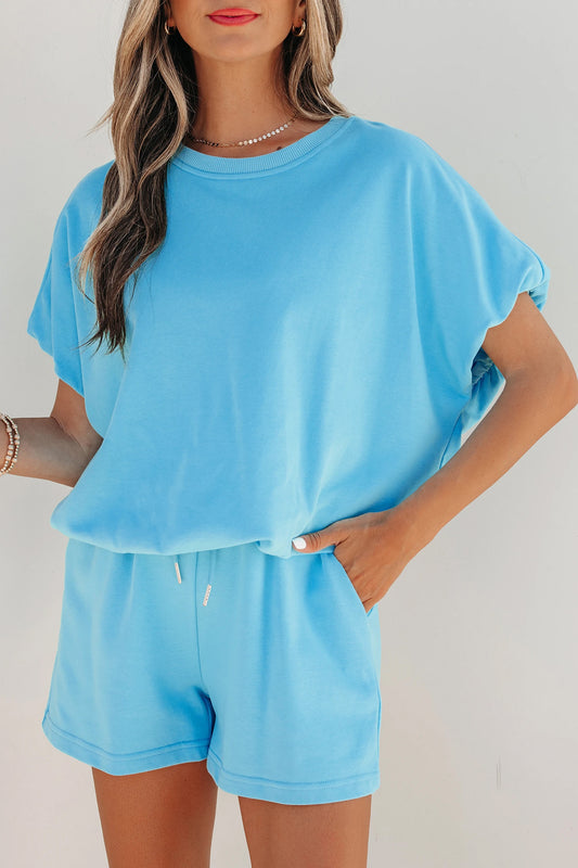Solid Color Puffy Loose Top Drawstring Shorts 2pcs Outfit