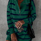 Striped O-ring Zip Collared Loose Sweater Mini Dress