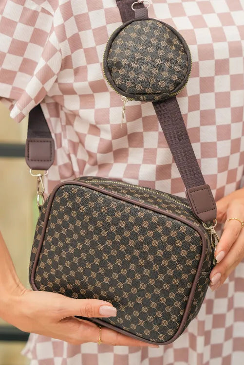 Coffee Checkered Print PU Leather Shoulder Bag with Coin Wallet