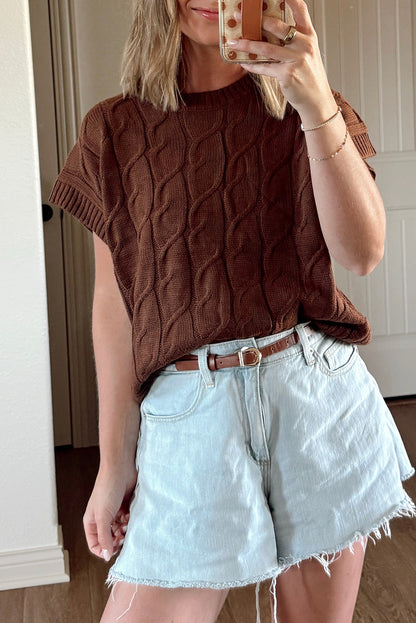 Cable Texture Crew Neck Short Sleeve Sweater Top