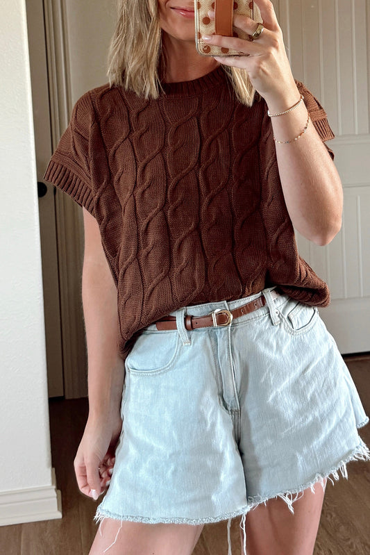 Cable Texture Crew Neck Short Sleeve Sweater Top