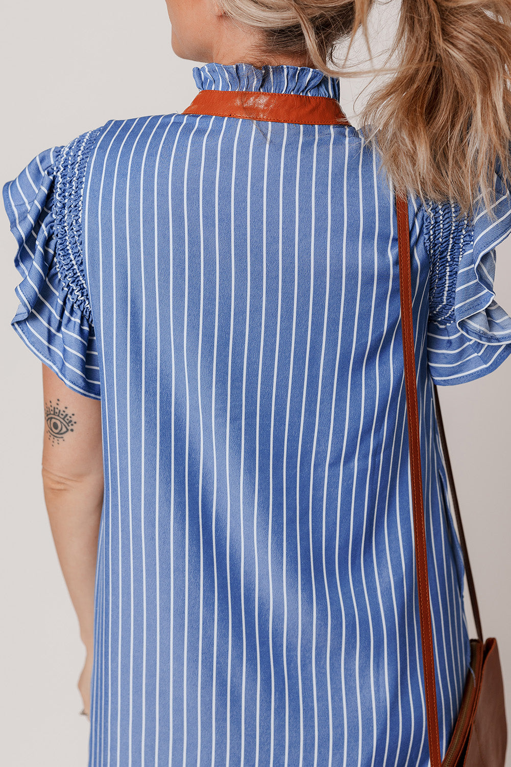 Frilly Split Neck Shirred Ruffle Sleeve Short Shift Dress
