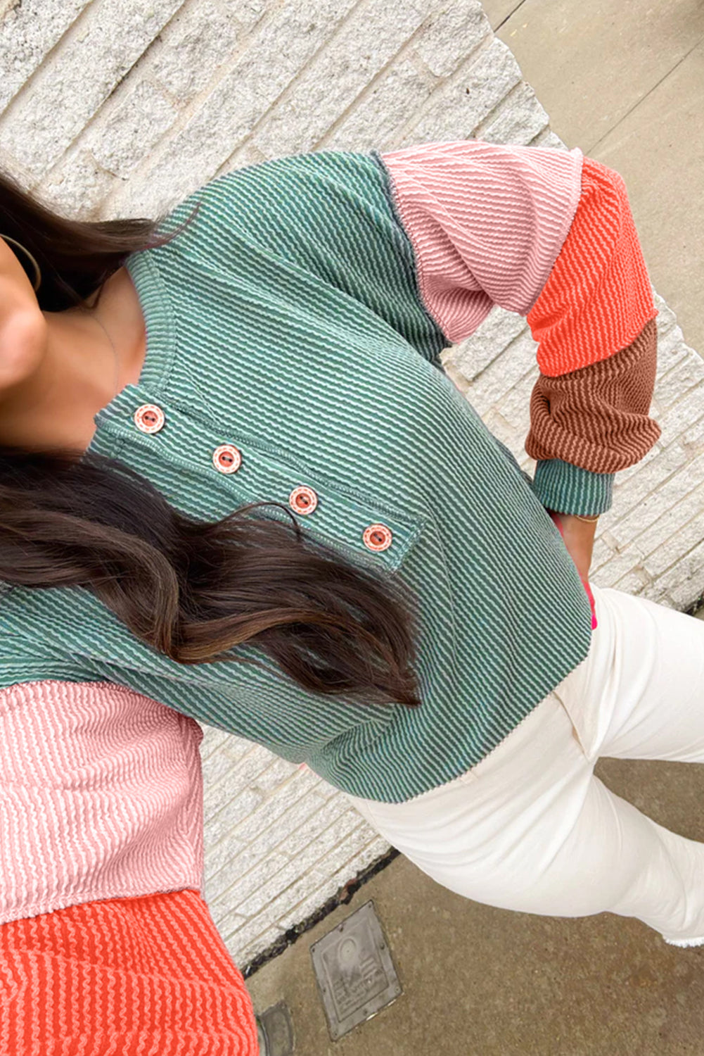 Twisted Ribbed Knit Colorblock Henley Top