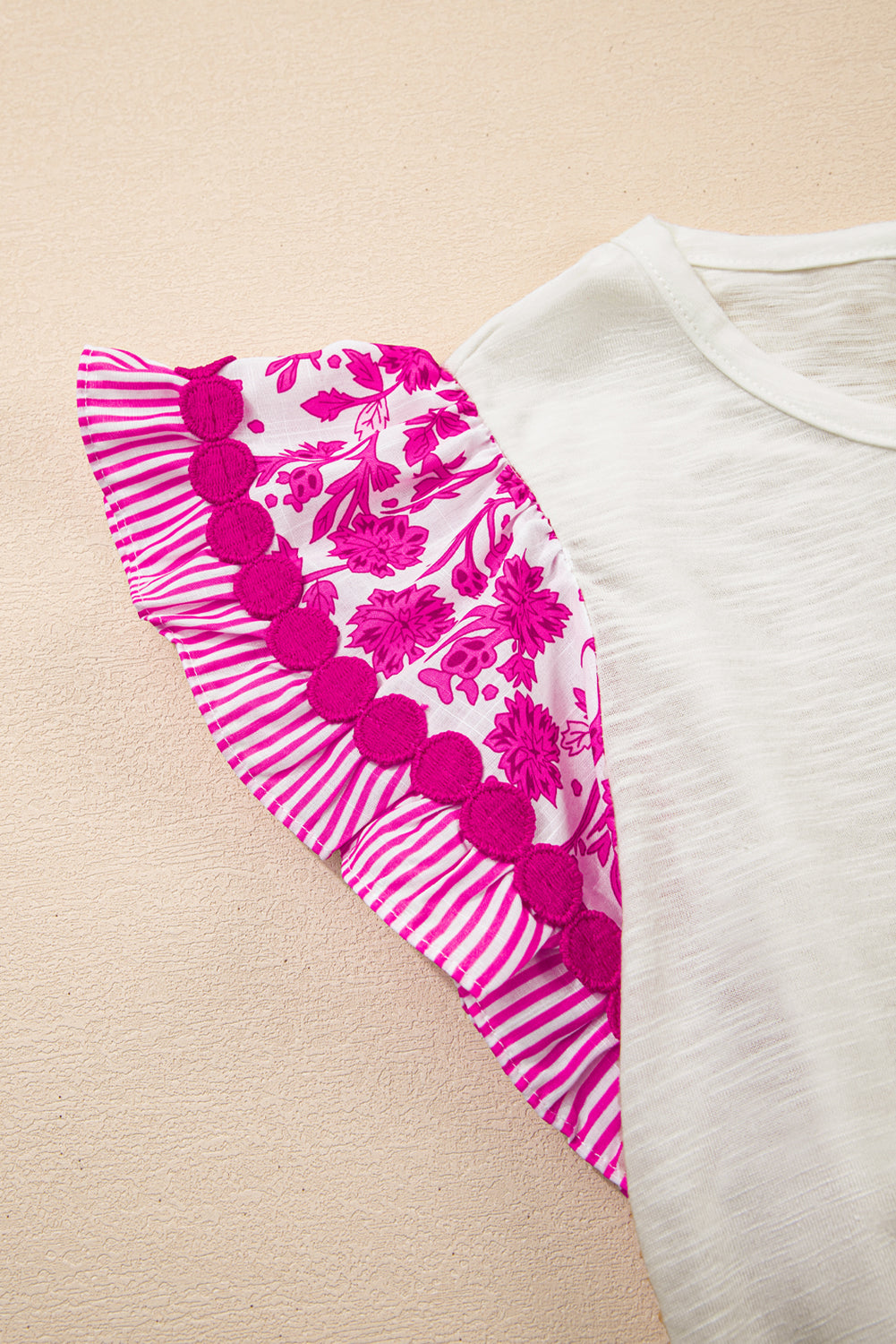 Ricrac Trim Printed Flutter Sleeve Contrast Patchwork Blouse