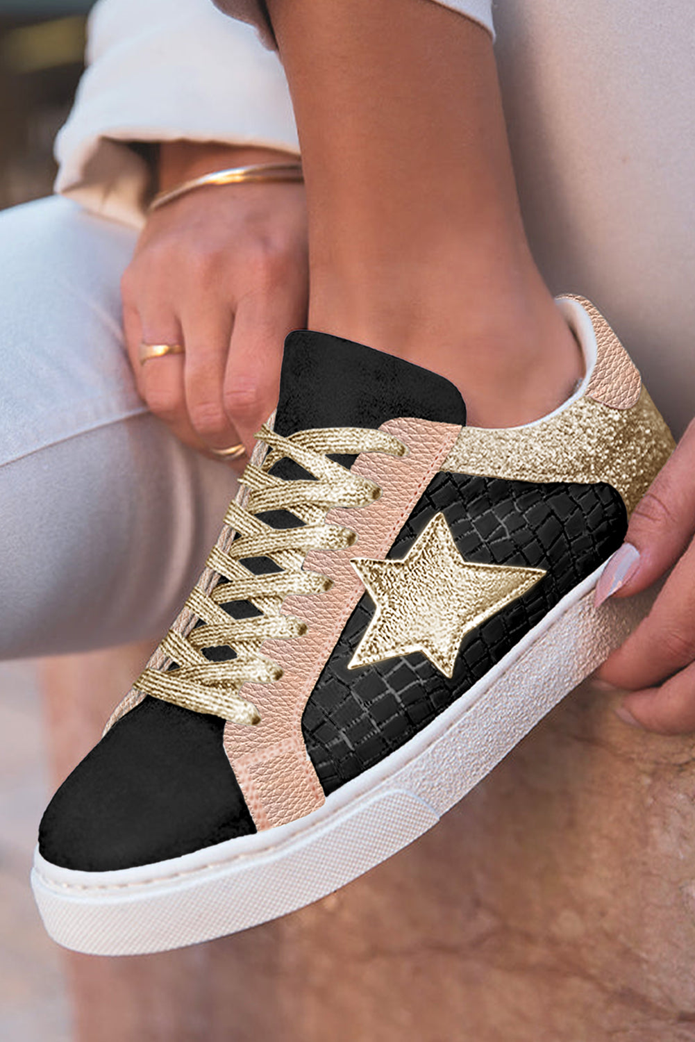 Star Patchwork Sequined Lace-up Sneakers