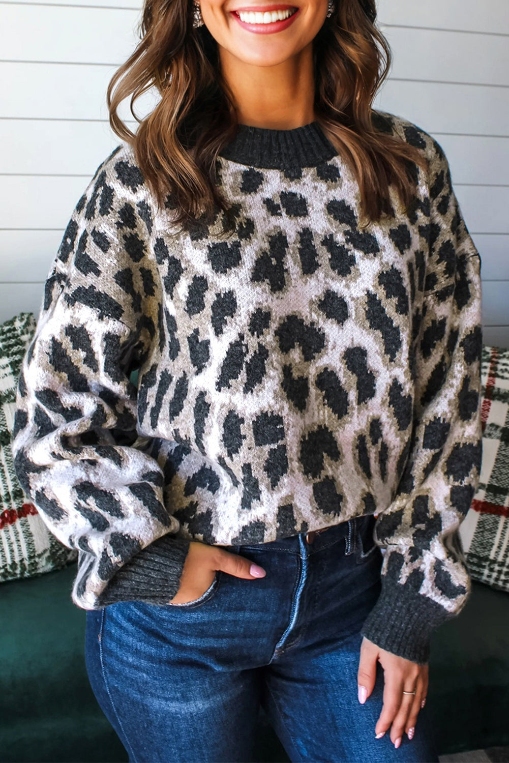Leopard Drop Shoulder Baggy Sweater