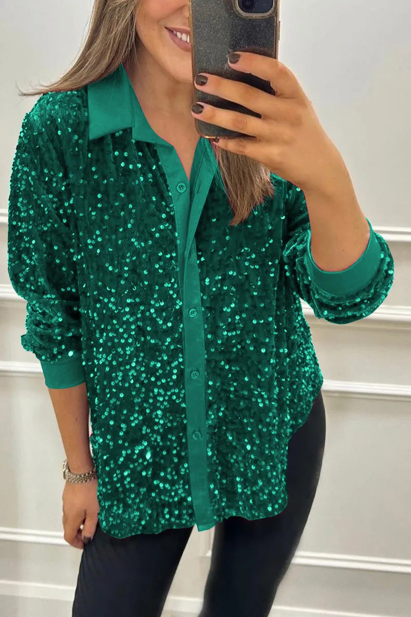 Lapel Single Row Sparkly Party Shirt