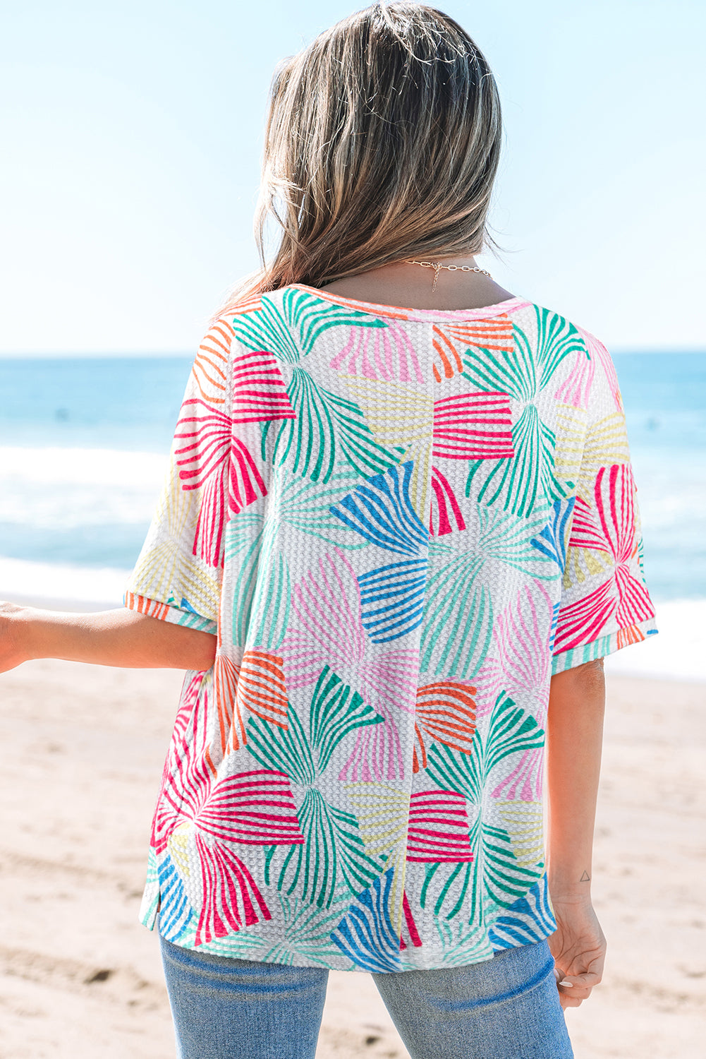 Printed Waffle Crewneck Loose Short Sleeve Top