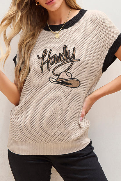 Howdy Cowboy Hat Embroidered Short Sleeve Sweater