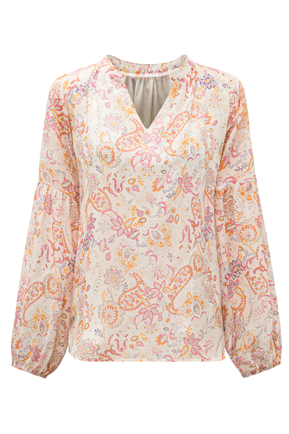 White Floral Print V Neck Long Puff Sleeve Top