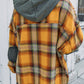 Plaid Patch Hooded Frayed Snap Button Jacket