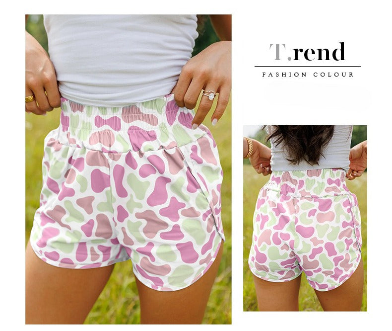 Camouflage Print Shirred High Waist Athleisure Shorts