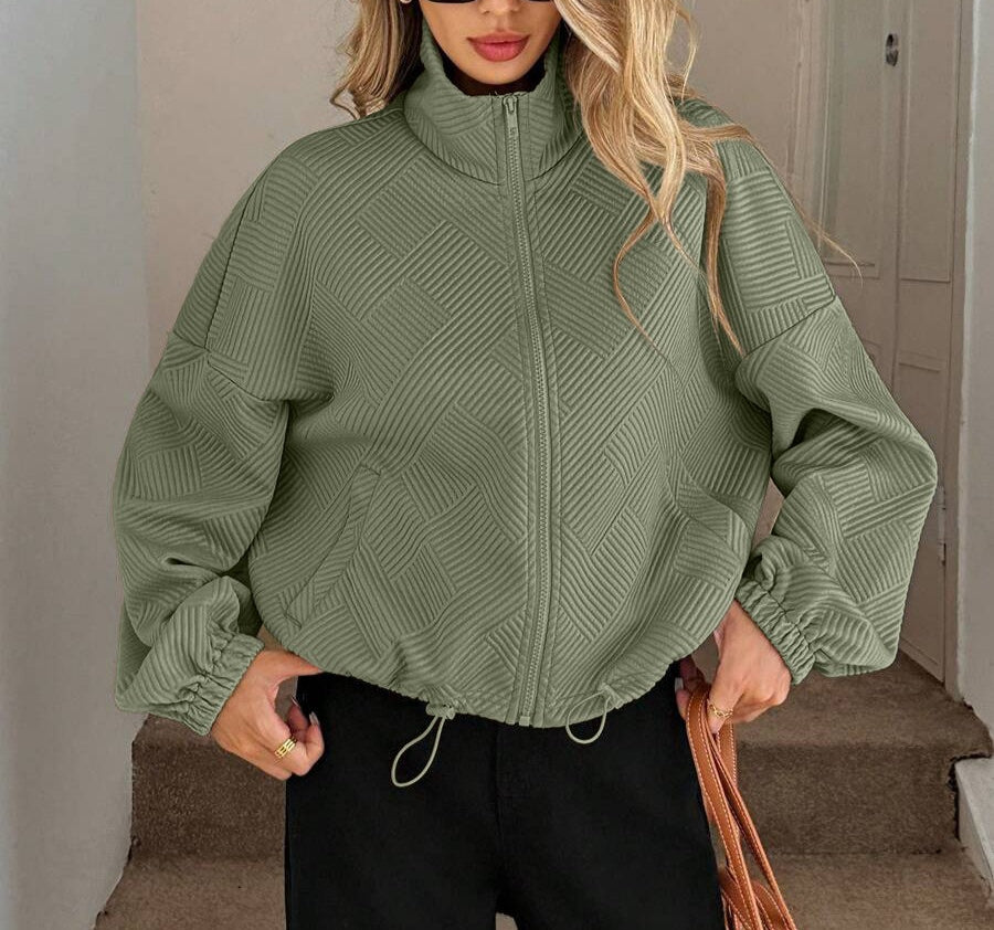 Chic Geometric Textured Zip Up Jacket