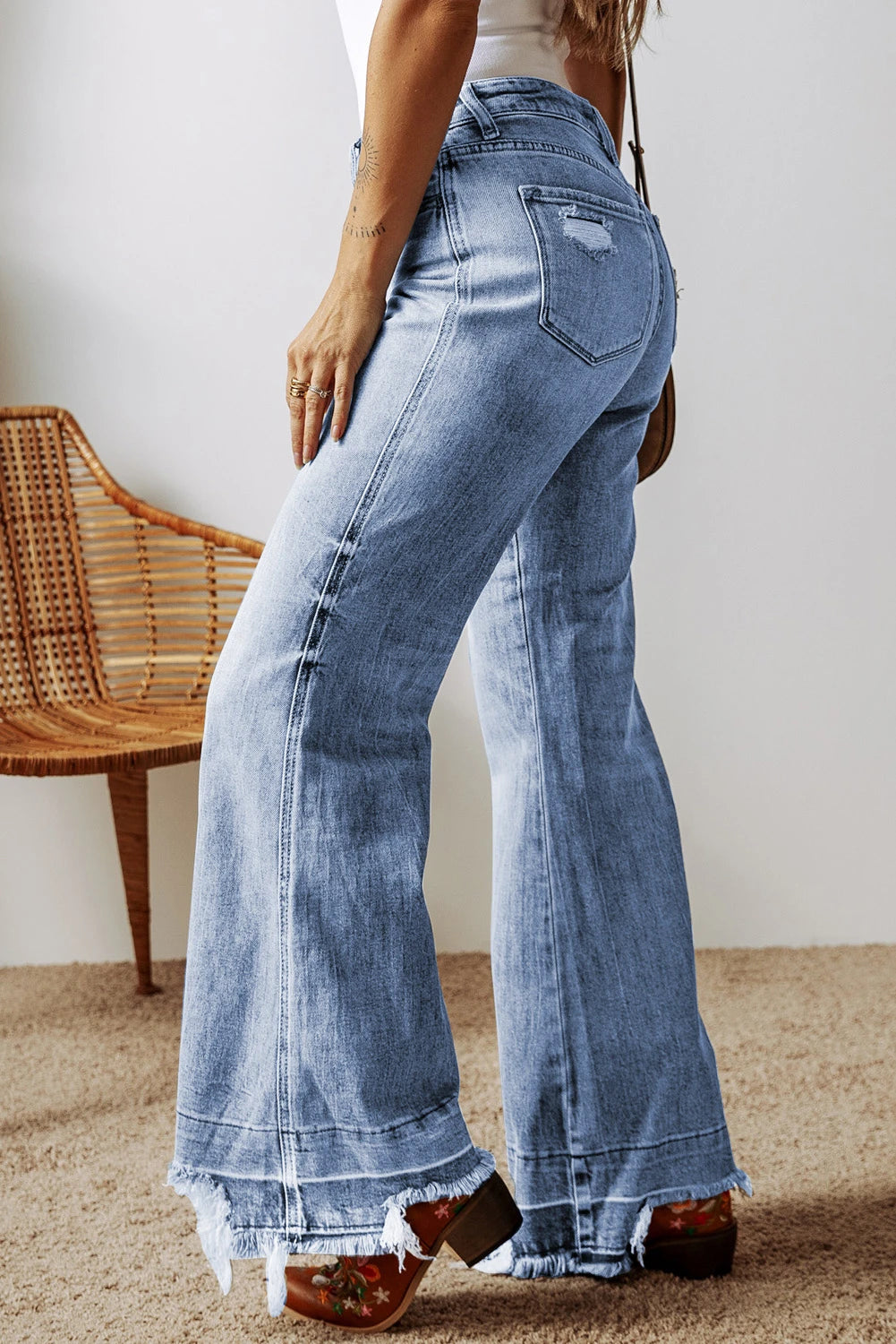 Wash Raw Hem High Waist Flared Jeans