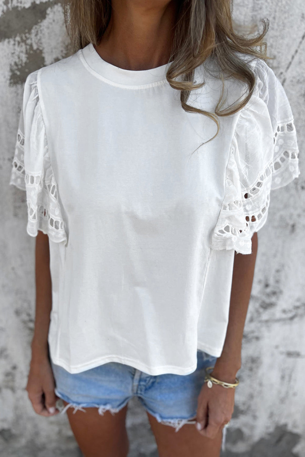 Hollow Out Embroidered Short Sleeve O Neck Top