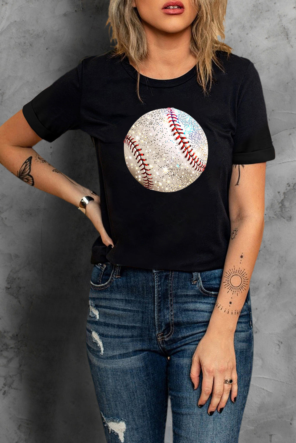 Heat Transfer Baseball Print Cotton Blend T Shirt