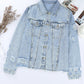 Lapel Distressed Raw Hem Buttons Denim Jacket