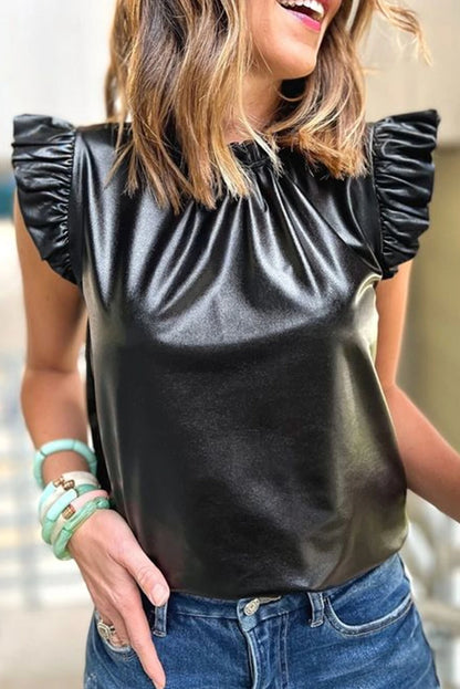 Leather Frill Neck Ruffle Blouse