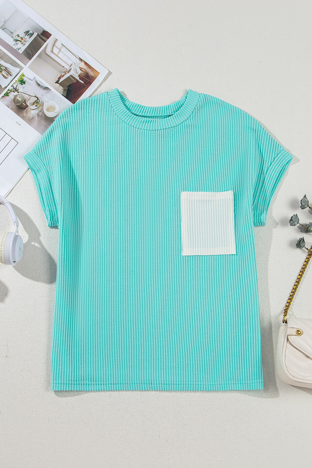 Corded Knit Color Block Pocketed Crew Neck T Shirt