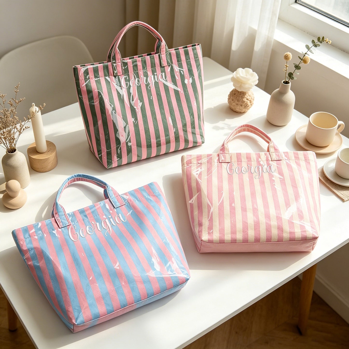 Custom Embroidered Waterproof Striped Tote Bag