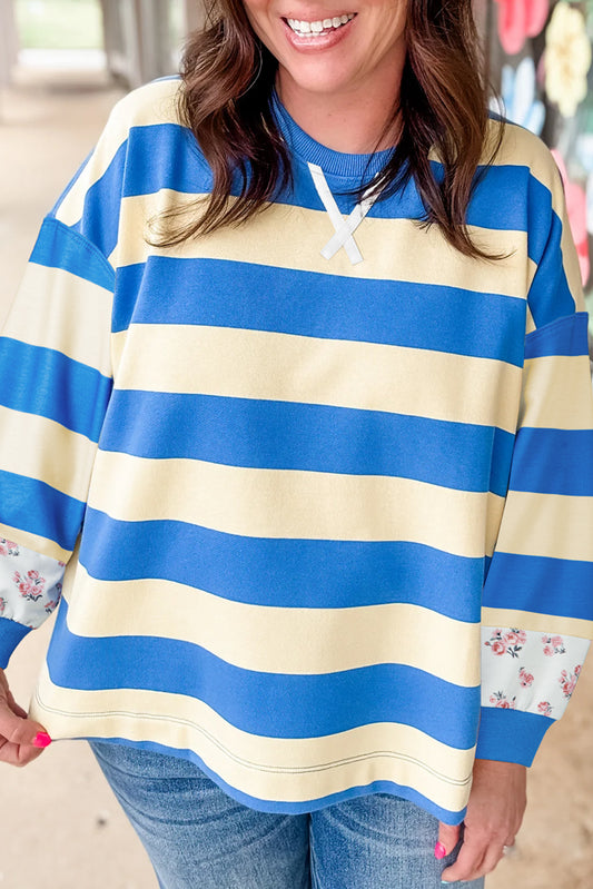 Floral Color Block Drop Shoulder Plus Size Pullover Top