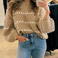 Contrast Detail Textured Knit Puff Sleeve Baggy Sweater