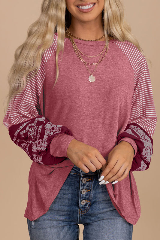 Contrast Print Striped Raglan Long Sleeve Loose Top