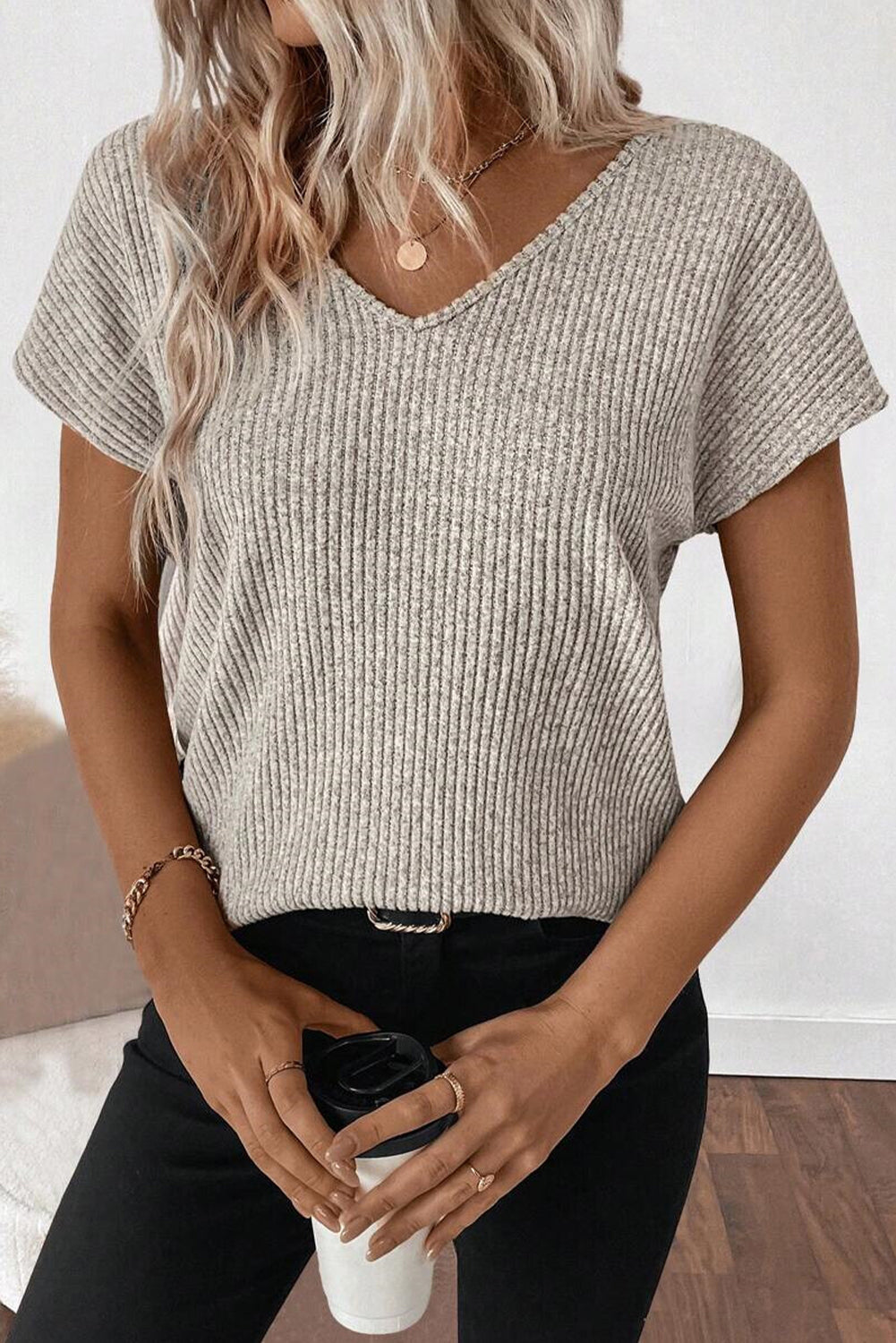 Morn Ribbed Short Sleeve V Neck Colorblock Bow Back Top