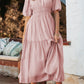 Puff Sleeve Pleated High Waist Flowy Midi Dress