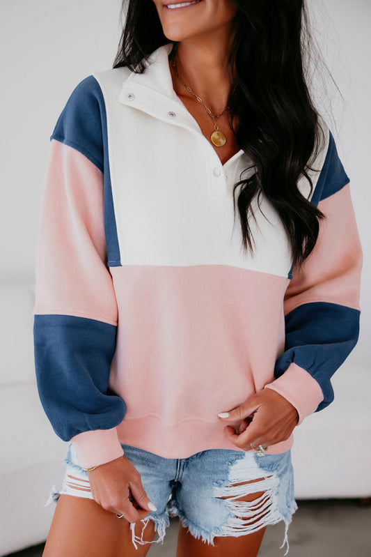 Colorblock Patchwork Half Button Baggy Sweatshirt