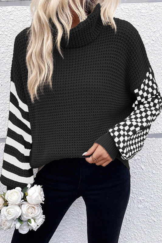 Striped and Checked Waffle Turtleneck Sweater