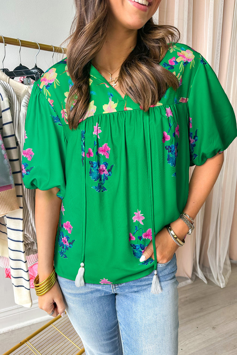 Floral Detail Tie Split Neck Short Sleeve Blouse