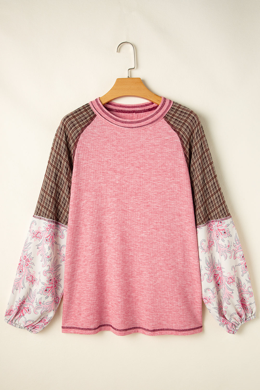 Flower Patchwork Sleeve Ribbed Top