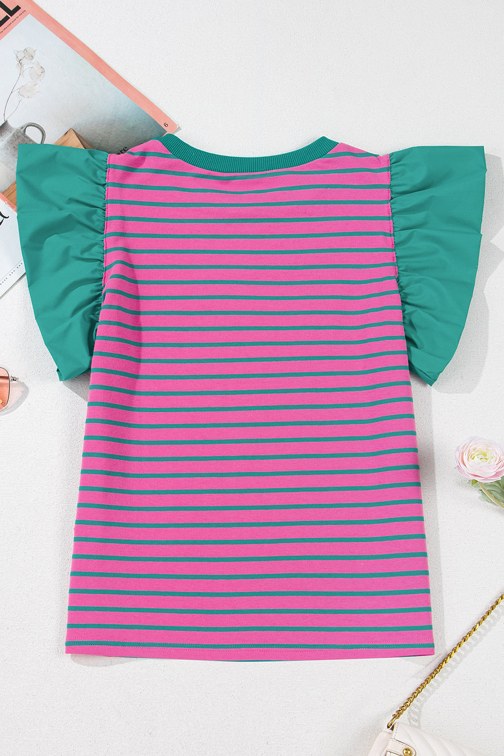 Colorblock Ruffled Sleeve Crew Neck Blouse