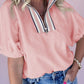 Contrast Striped Collar Patchwork Textured Half Sleeve Blouse