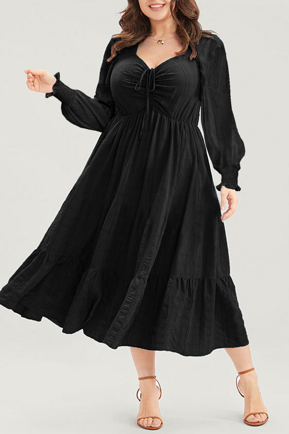 Lace-up Ruched Front Long Sleeve Ruffle Hem Plus Size Midi Dress