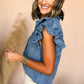 Button Front Ruffled Flutter Frayed Denim Top