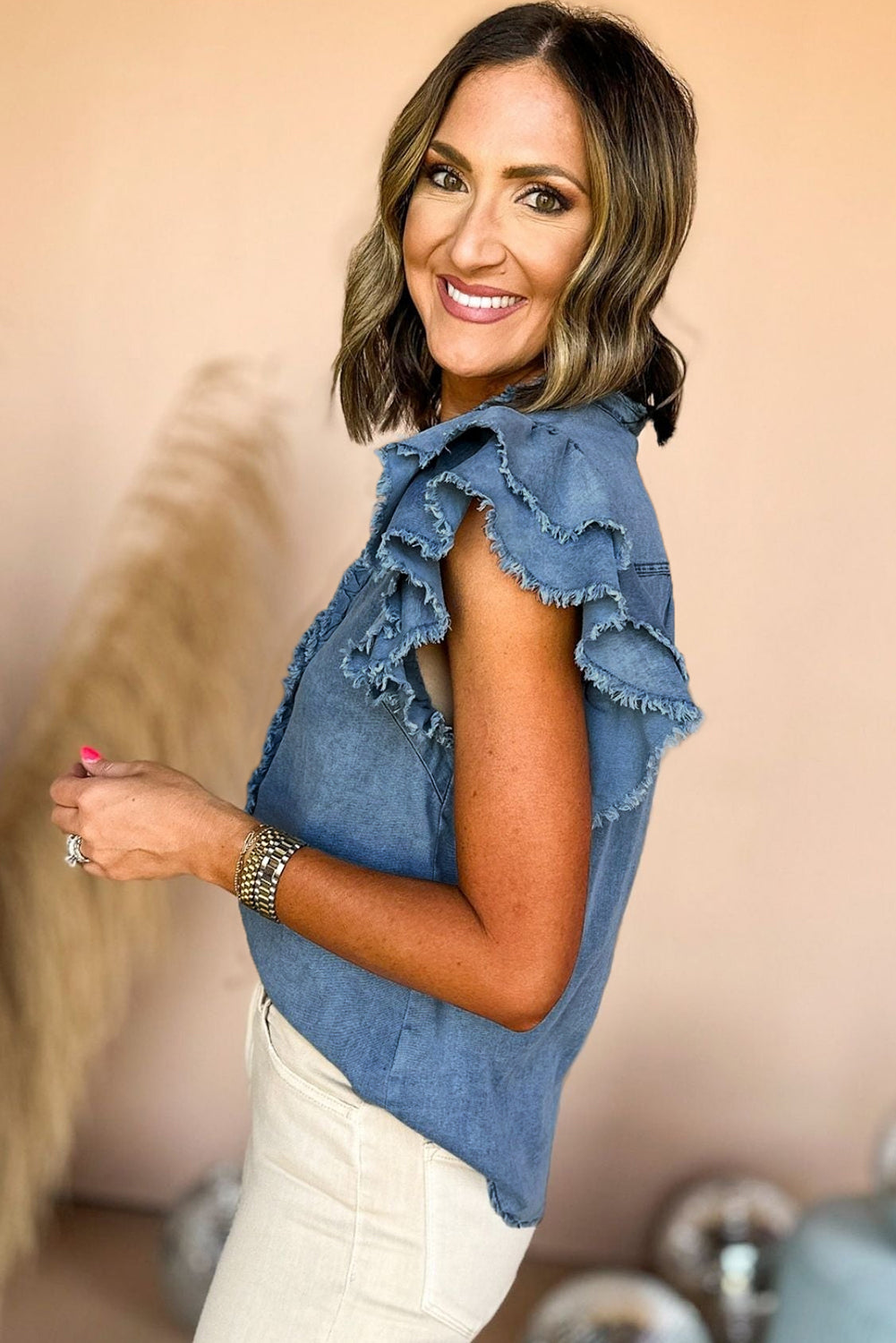 Button Front Ruffled Flutter Frayed Denim Top